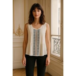 Lattitude Sleeveless‎ Tank Top Cream Geometric Embroidered Peplum Casual Blouse